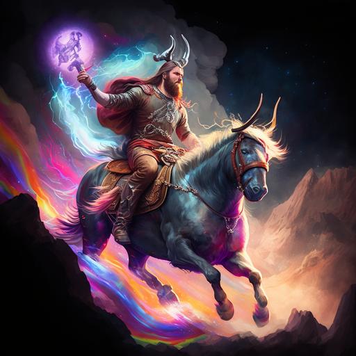thor riding a space goat colorful aurora while jesus rides a dinosaur