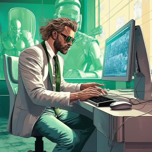 thor whering a baby blue tuxedo whithan ugly green tie sitting at an old computer in a bright white office