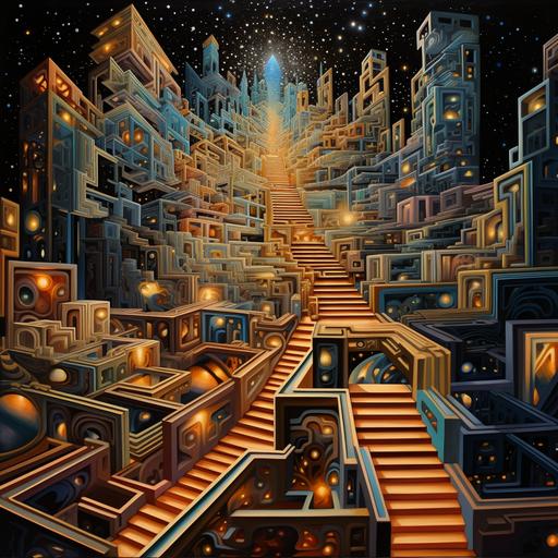 thousand stairs in endless space, m.c. escher, gold leaf coverd around walls, science fiction, hyperrealistic, speed line, color pop up, neon lighting effects--ar 16:9