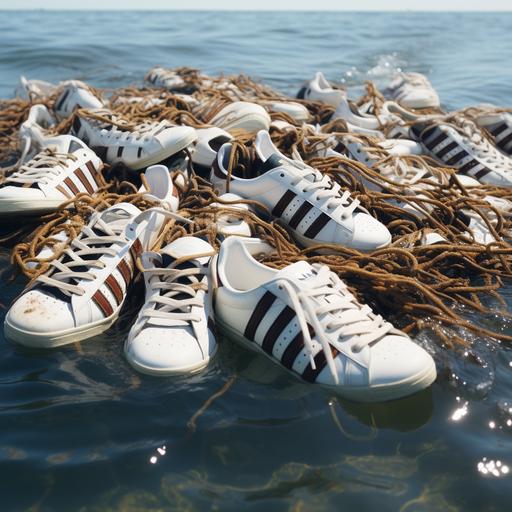 thousands of shoes swimming in the ocean - white adidas samba shoes with black stripes and brown soles