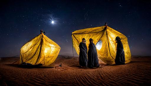 three Arab people in a traditional Arabic tent, in a middle of a desert, night stars, trunks floating cabinet, lianas, epic lighting, national geographic, cinematic shoot, --ar 16:9