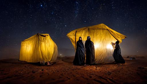 three Arab people in a traditional Arabic tent, in a middle of a desert, night stars, trunks floating cabinet, lianas, epic lighting, national geographic, cinematic shoot, --ar 16:9