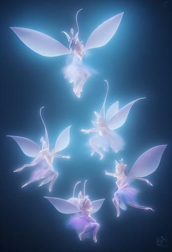 three Ethereal Donkey fairies flying around a blue rose bush, ethereal, pale blue, translucent, iridescent, magical, 8K, photorealistic, hyperrealistic, highly detailed, cinematic lighting, unreal engine, octane rendering --ar 1:2 --testp --upbeta