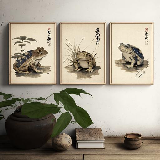three Japanese frog prints with a vintage and modern style, featuring Matsumoto Hoji's art, suitable for wall decor with a Wabi Sabi aesthetic