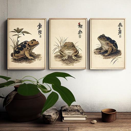 three Japanese frog prints with a vintage and modern style, featuring Matsumoto Hoji's art, suitable for wall decor with a Wabi Sabi aesthetic