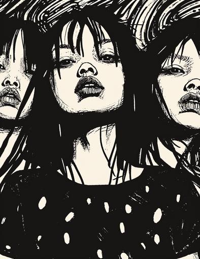 ::1 three asian girls with expressive faces, protest, rebel, emo punk rockers, style of kim jung gi, black and white. t-shirt design::3 --style raw --ar 216:279 --s 250 --v 6.0