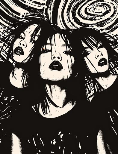 ::1 three asian girls with expressive faces, protest, rebel, emo punk rockers, style of kim jung gi, black and white. t-shirt design::3 --style raw --ar 216:279 --s 250 --v 6.0