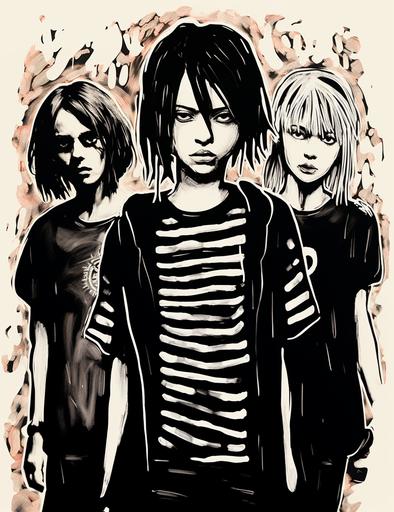 ::1 three asian girls with expressive faces, protest, rebel, emo punk rockers, style of kim jung gi, black and white. t-shirt design::3 --style raw --upbeta --s 250 --ar 216:279