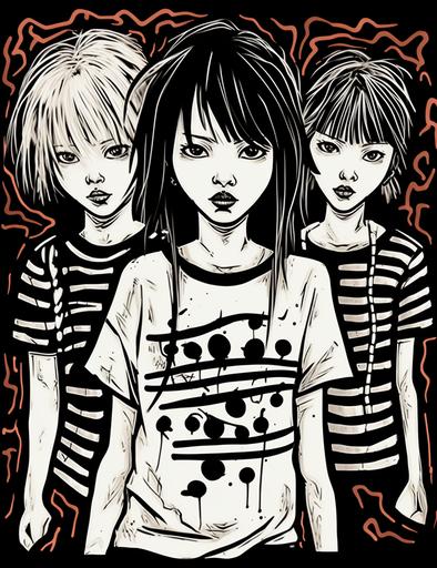 ::1 three asian girls with expressive faces, protest, rebel, emo punk rockers, style of kim jung gi, black and white. t-shirt design::3 --style raw --ar 216:279 --upbeta --s 250