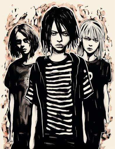 ::1 three asian girls with expressive faces, protest, rebel, emo punk rockers, style of kim jung gi, black and white. t-shirt design::3 --style raw --upbeta --s 250 --ar 216:279
