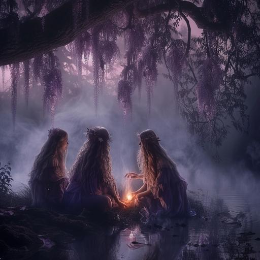 three attractive female witches casting spells under a wisteria tree, dark swamp at night, fog, semi realism, --v 6.0
