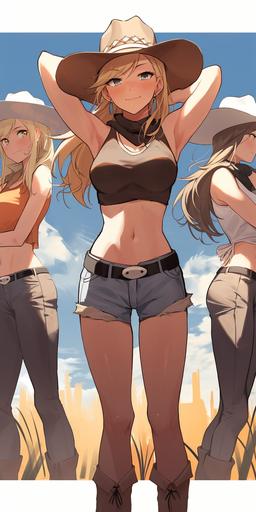 three attractive rural blonde women, charlies angels pose, cowboy hats, short and tight daisy dukes, open outfit, wet clothing, big momy, uncovered, fit, six pack abs, midrift, skinny waist, small thighs, wide hips, big chest, muscular legs, cowboy boots with spurs, low angle, low-angle shot, wide angle, full body, full-body shot, head-to-toe, rear view --ar 1:2 --niji 5 --s 750