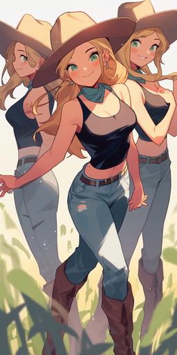 three attractive rural blonde women, charlies angels pose, cowboy hats, short and tight daisy dukes, open outfit, wet clothing, big momy, uncovered, fit, six pack abs, midrift, skinny waist, small thighs, wide hips, big chest, muscular legs, cowboy boots with spurs, low angle, low-angle shot, wide angle, full body, full-body shot, head-to-toe, rear view --ar 1:2 --niji 5 --s 750