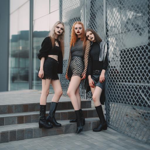 three beautiful girls in fishnets and high heels posing for a photo in the city, full body --v 5