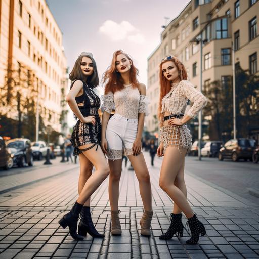 three beautiful girls in fishnets and high heels posing for a photo in the city, full body --v 5