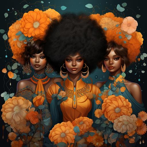 three beautiful women dressed in colored on a bright stage wearing afro wigs and flowers, in the style of detailed science fiction illustrations, dark black and orange, detailed botanical illustrations, intricate costumes, dark indigo and light amber, commission for, dark and brooding designer v:51, beautiful black women,A stunning concept collection of beautiful Black women, inspired by the powerful characters from Toni Morrison's 