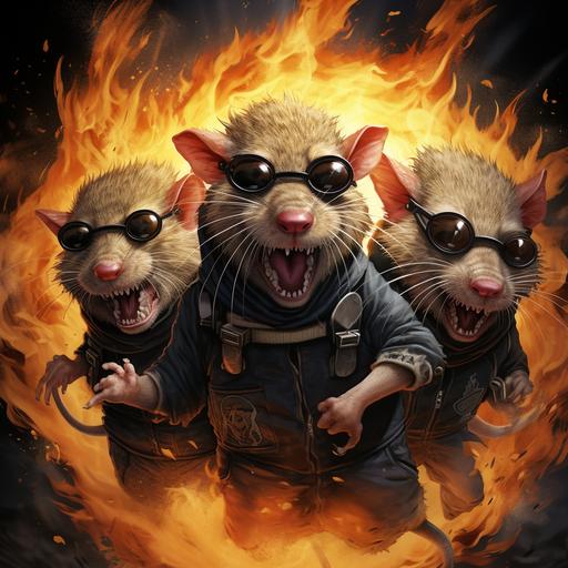 three big rats made like rockets, coming out form an abyss full of fire and ask, hyperrealistic, but in a rockabilly style. Circular frame. Many deatils. The rats have a mocking and evil attitude