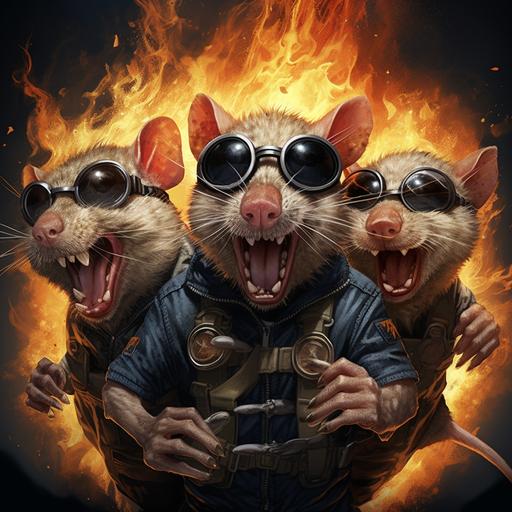 three big rats made like rockets, coming out form an abyss full of fire and ask, hyperrealistic, but in a rockabilly style. Circular frame. Many deatils. The rats have a mocking and evil attitude