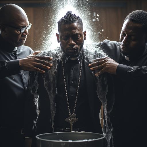 three black catholic priests pouring water over man's head for baptism, candles, cross in the background, realistic, photography, cinematography