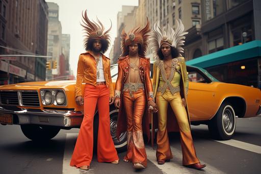 --ar 6:4 three black men in the 70s bell bottoms peakcock feathers jewel tones new york streets afro futuristic 1970 groovy