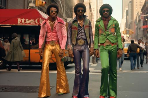 --ar 6:4 three black men in the 70s bell bottoms peakcock feathers jewel tones new york streets afro futuristic 1970 groovy