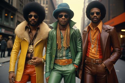 --ar 6:4 three black men in the 70s bell bottoms peakcock feathers jewel tones new york streets afro futuristic 1970 groovy