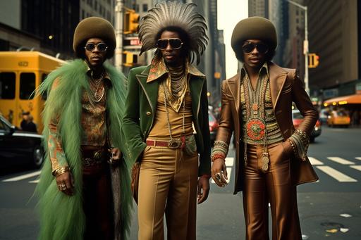 --ar 6:4 three black men in the 70s bell bottoms peakcock feathers jewel tones new york streets afro futuristic 1970 groovy