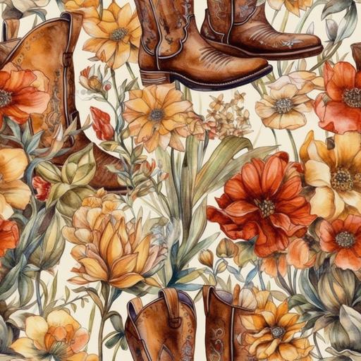 three cowboy boots with spurs, lassos, cactus flowers, dynamic, American wild west, watercolor, warm and contrasting colors, watercolor paper texture, wallpaper, no watermarks, no letters, no guidelines, no margins, --tile --upbeta --v 5 --q 2 --s 750