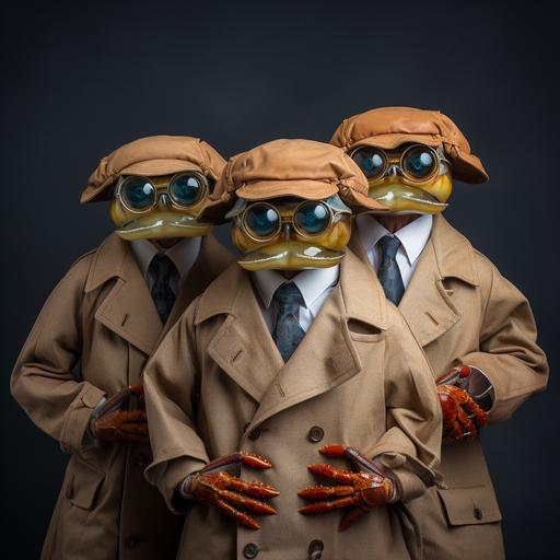 three crabs standing on each others shoulders, disguised as a human, wearing hat and trenchcoat, espionage, crab spies, 🦀, very suspicious looking, fake moustache, fake glasses, unusual proportions