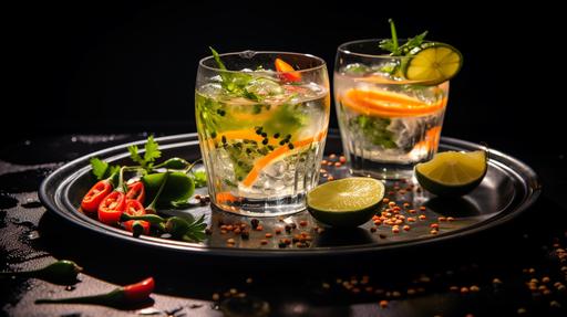 three different artistic asian-themed gin and tonics on a black background, with ingredients like cucumber, sichuan peppers, cilantro, kumquats. The gin and tonics are sitting next to a tray with fresh citrus, herb and spice garnishes. detailed photo with moody side light --ar 16:9