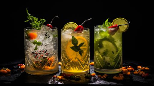 three different artistic asian-themed gin and tonics on a black background, with ingredients like cucumber, sichuan peppers, cilantro, kumquats, detailed photo with moody side light --ar 16:9