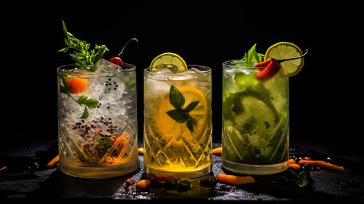 three different artistic asian-themed gin and tonics on a black background, with ingredients like cucumber, sichuan peppers, cilantro, kumquats, detailed photo with moody side light --ar 16:9 --v 5.2