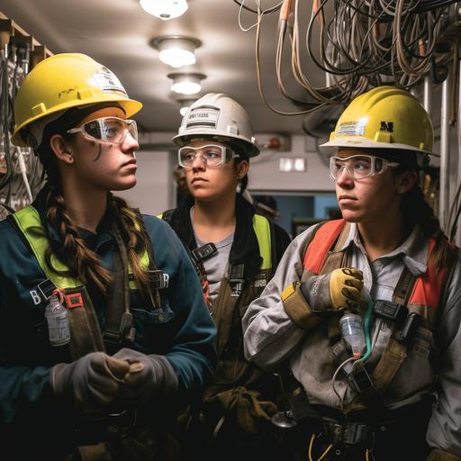 three female electricians in hard hats, safety glasses, gloves, and reflective clothing, with their hair in ponytails, installing light fixtures on a construction site, Documentary photography, 50mm lens