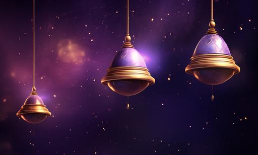 three gold lamps hanging from purple stars in space, in the style of mysterious backdrops, sketchfab, manjit bawa --ar 78:47