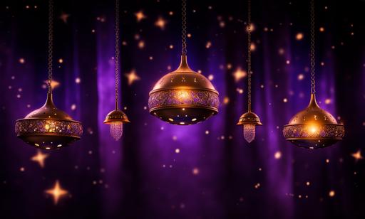 three gold lamps hanging from purple stars in space, in the style of mysterious backdrops, sketchfab, manjit bawa --ar 78:47
