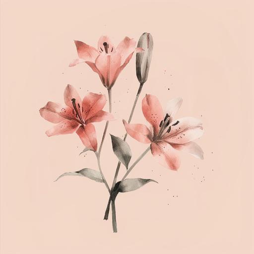 three hand sketch style pink lily flower, artsy style water color style --v 6.0