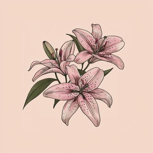 three hand sketch style pink lily flower, artsy style