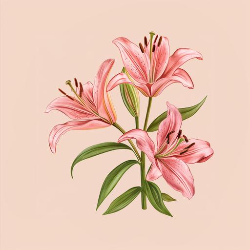 three hand sketch style pink lily flower, artsy style --v 6.0