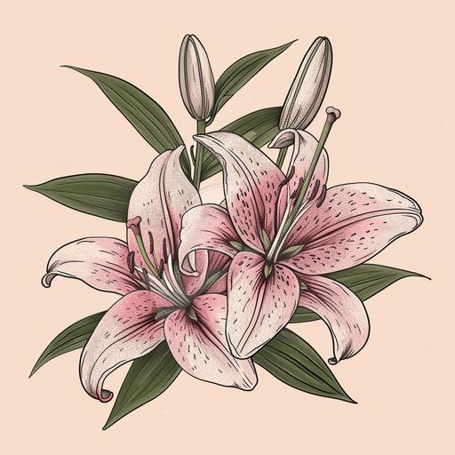 three hand sketch style pink lily flower, artsy style