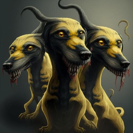 three headed dog with a yellow tail, concept art inspired by Samuel Hieronymus Grimm, tumblr, cobra, hellhounds, cerberus, demonic monster --v 4 --s 100 --c 25