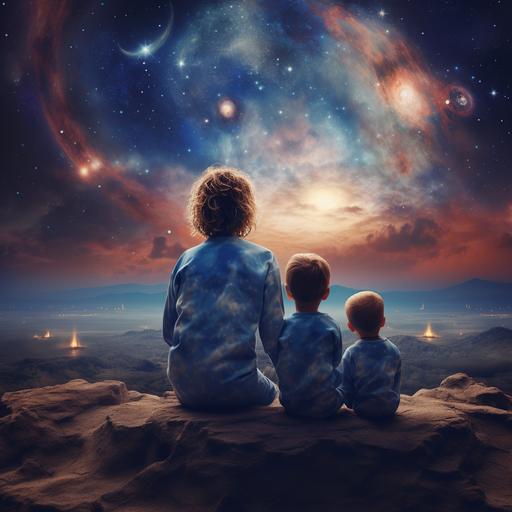 three kids aged 3, 5 and 8, in blue tie dye two piece pajamas, staring out onto the horizon that is out to space, there are stars, planets, supernovas in a photorealistc style