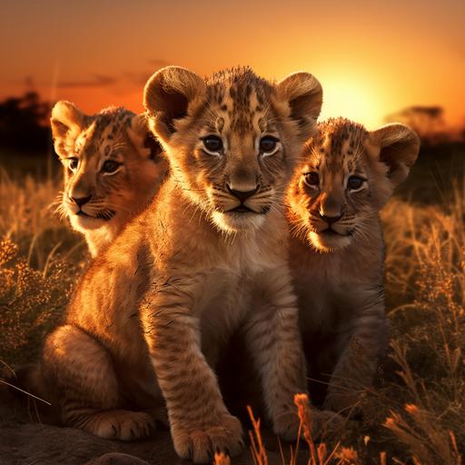 three lion cubs playing in the savannah, orange/red sunset in the background, lionness watching from afar, 4k