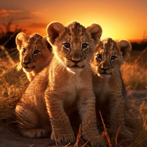 three lion cubs playing in the savannah, orange/red sunset in the background, lionness watching from afar, 4k