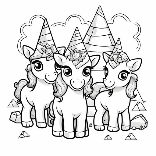 three little, sweet, happy unicorns in from of the great pyramids, very simple drawing suitable for toddler colouring book, black thick lines only, no colours, no shadings