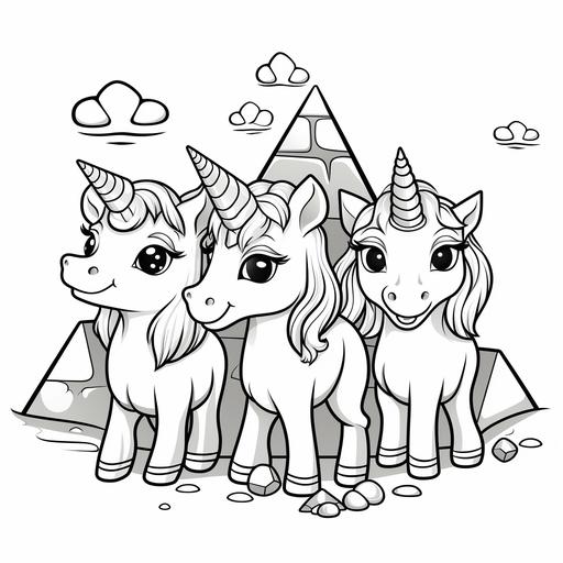 three little, sweet, happy unicorns in from of the great pyramids, very simple drawing suitable for toddler colouring book, black thick lines only, no colours, no shadings