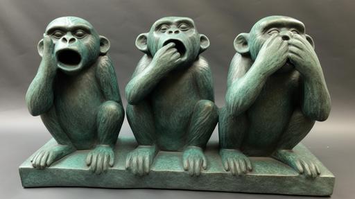 three monkeys in triptych, see nothing monkey covers eyes, hear nothing monkey covers ears, say nothing monkey covers mouth --ar 16:9 --c 44 --s 420 --v 5