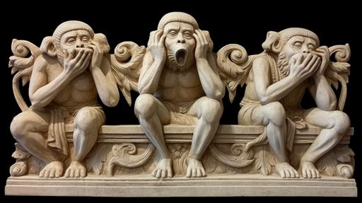 three monkeys in triptych, see nothing monkey covers eyes, hear nothing monkey covers ears, say nothing monkey covers mouth --ar 16:9 --c 44 --s 420 --v 5
