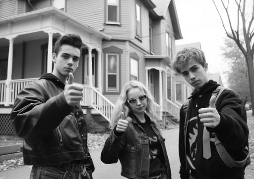three people who are showing a thumbs up in front of a house with green street signs, in the style of ilford hp5 disposable camera, cybergoth, jules breton, lit kid, windows xp, cranberrycore, contest winner --ar 24:17 --v 5.1 --style raw --s 1000 --q 5 --v 5.1 --style raw