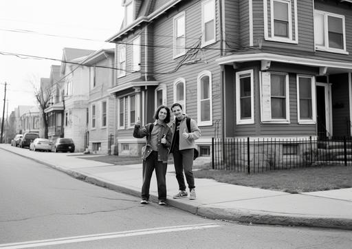 three people who are showing a thumbs up in front of a house with green street signs, in the style of ilford hp5 disposable camera, cybergoth, jules breton, lit kid, windows xp, cranberrycore, contest winner --ar 24:17 --v 5.1 --style raw --s 1000 --q 5 --v 5.1 --style raw