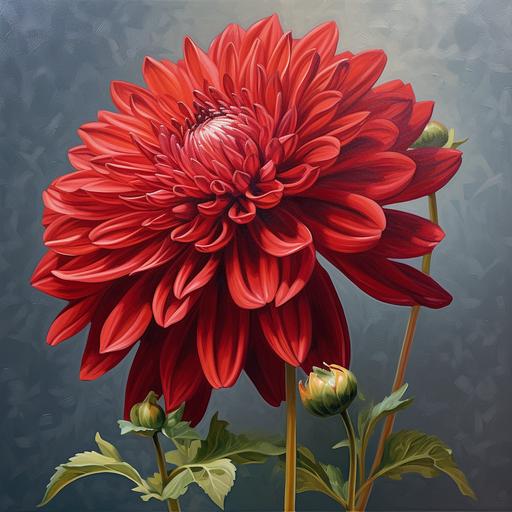 three-quarter side view of immense red dahlia bloom with curving stem and leaves in a oil painting style